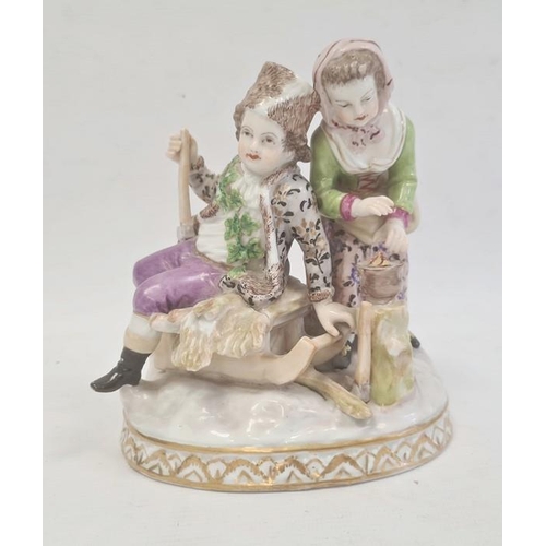 74 - Dresden porcelain group of woodcutter and girl with brazier, 18cm high