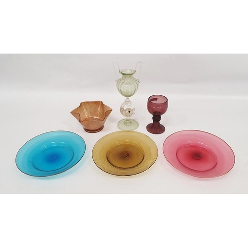 90 - Facon de Venise dolphin stemmed glass vase, Venetian coloured plates, bowl and amethyst-coloured hoc... 