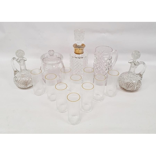 91 - Glassware to include decanter with electroplated collar, jug, biscuit barrel with Greco Roman etchin... 