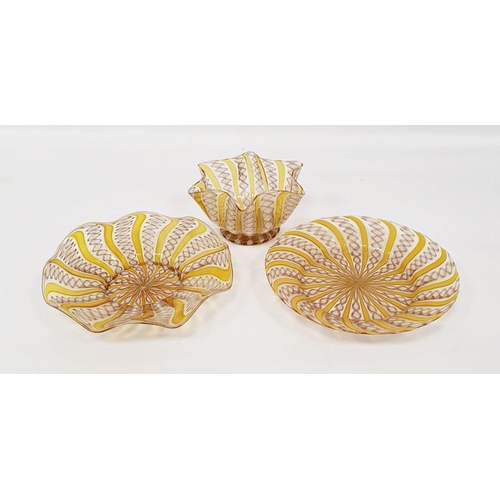 92 - Venetian latticino glass plate in yellow, one further similar and bowl (3)