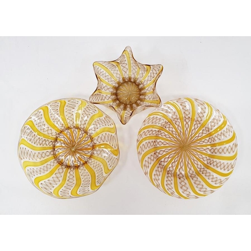 92 - Venetian latticino glass plate in yellow, one further similar and bowl (3)