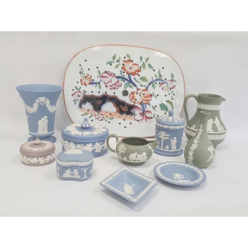 20a - Quantity of Wedgwood blue, green and lilac jasperware and a Chinese-style pattern decorated drainer,... 