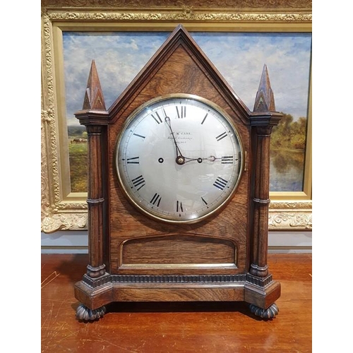 1007 - 19th century rosewood bracket clock having pointed arched top and pointed square section finials, wi... 