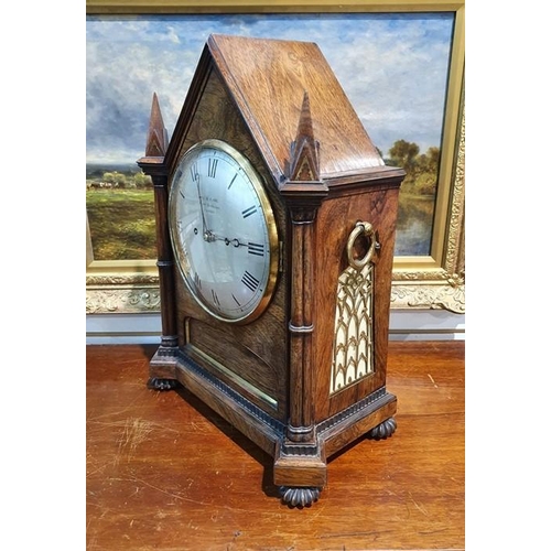 1007 - 19th century rosewood bracket clock having pointed arched top and pointed square section finials, wi... 