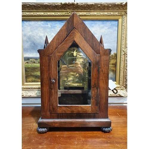 1007 - 19th century rosewood bracket clock having pointed arched top and pointed square section finials, wi... 