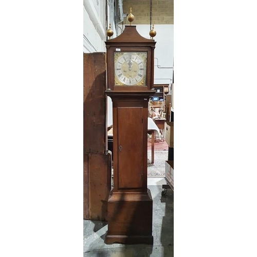 1010 - Oak longcase clock with raised pediment, having curved sides, three ball finials, square brass dial ... 