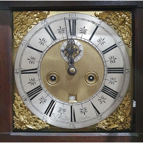 1010 - Oak longcase clock with raised pediment, having curved sides, three ball finials, square brass dial ... 