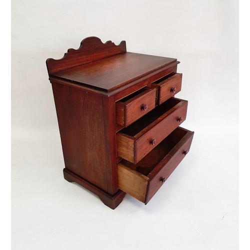 1012 - Stained wood miniature chest of drawers with raised shaped back, of two short and two long drawers, ... 