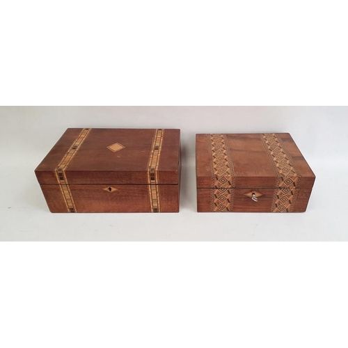 1013 - Victorian Tunbridgeware and walnut workbox with removable section tray, two bands of geometric inlay... 