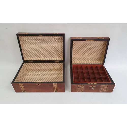 1013 - Victorian Tunbridgeware and walnut workbox with removable section tray, two bands of geometric inlay... 