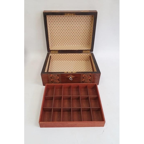 1013 - Victorian Tunbridgeware and walnut workbox with removable section tray, two bands of geometric inlay... 