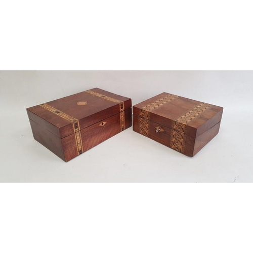 1013 - Victorian Tunbridgeware and walnut workbox with removable section tray, two bands of geometric inlay... 