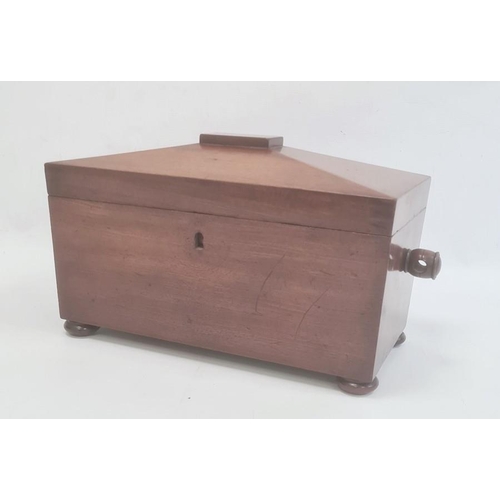 1014 - 19th century mahogany sarcophagus-shaped tea caddy on squat bun feet, 21cm x 24cm