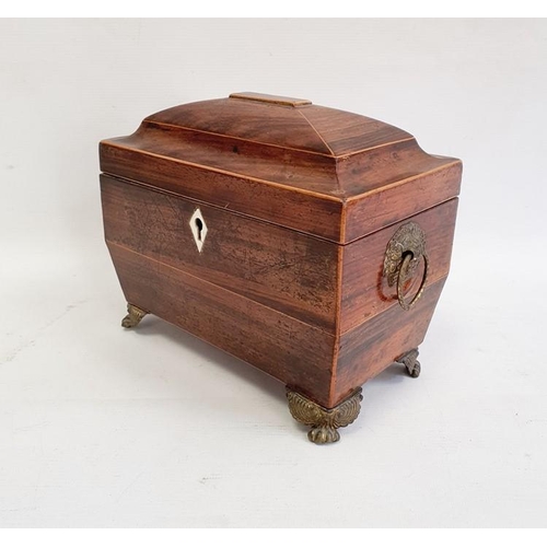 1016 - Georgian mahogany tea caddy, sarcophagus-shaped, pair brass floral basket and ring handles, fitted i... 