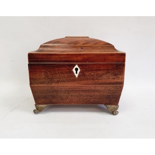 1016 - Georgian mahogany tea caddy, sarcophagus-shaped, pair brass floral basket and ring handles, fitted i... 