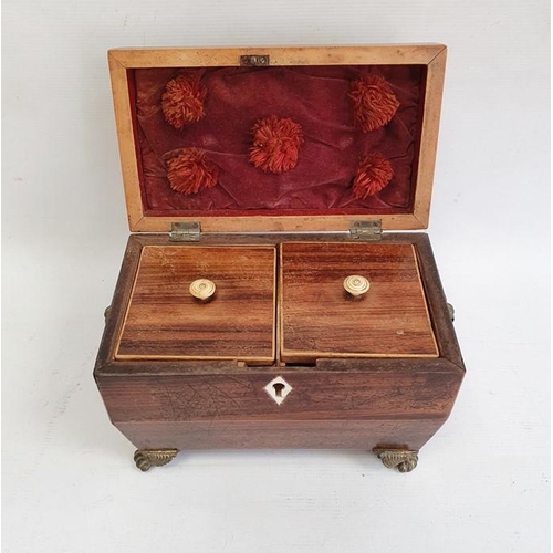 1016 - Georgian mahogany tea caddy, sarcophagus-shaped, pair brass floral basket and ring handles, fitted i... 