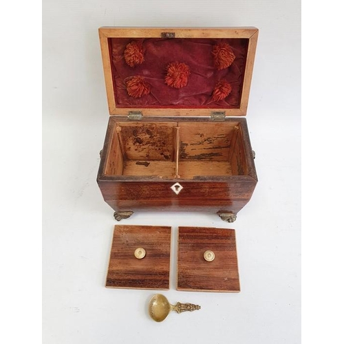 1016 - Georgian mahogany tea caddy, sarcophagus-shaped, pair brass floral basket and ring handles, fitted i... 