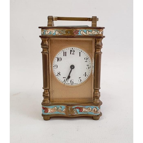 1018 - Early 20th century French miniature brass and enamel carriage timepiece with enamelled borders, 10.5... 