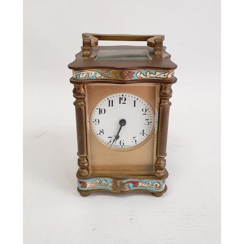 1018 - Early 20th century French miniature brass and enamel carriage timepiece with enamelled borders, 10.5... 