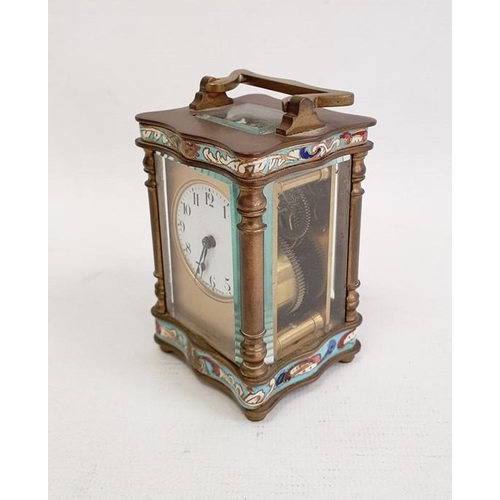 1018 - Early 20th century French miniature brass and enamel carriage timepiece with enamelled borders, 10.5... 