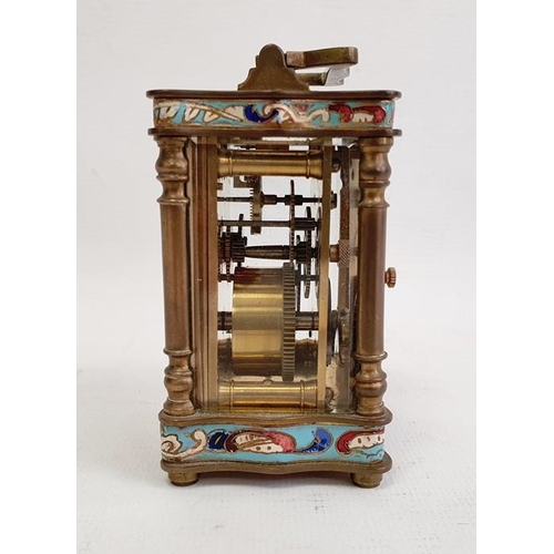 1018 - Early 20th century French miniature brass and enamel carriage timepiece with enamelled borders, 10.5... 