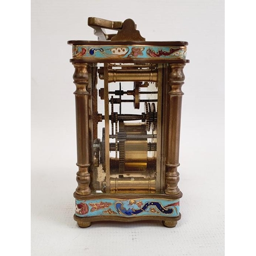 1018 - Early 20th century French miniature brass and enamel carriage timepiece with enamelled borders, 10.5... 