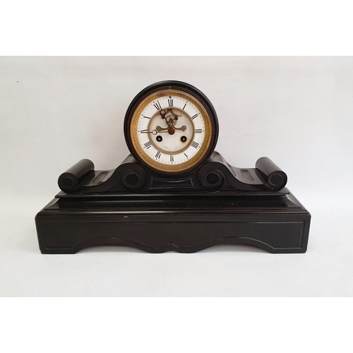 1019 - Victorian black slate mantel clock, drum-shaped movement, on scroll and shaped plinth base, with chi... 