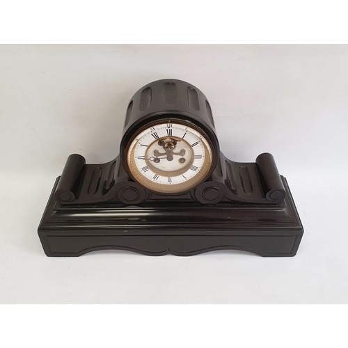 1019 - Victorian black slate mantel clock, drum-shaped movement, on scroll and shaped plinth base, with chi... 