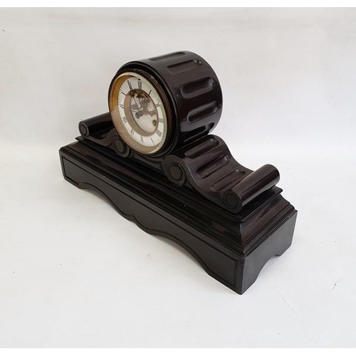 1019 - Victorian black slate mantel clock, drum-shaped movement, on scroll and shaped plinth base, with chi... 