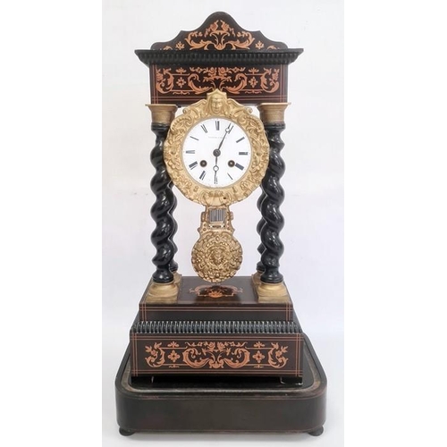 1021 - French eight-day portico clock, the dial marked 'Valery A Paris' with Roman numerals, inlay to the t... 