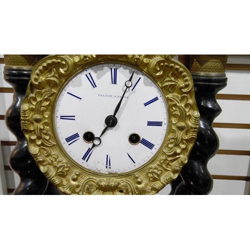 1021 - French eight-day portico clock, the dial marked 'Valery A Paris' with Roman numerals, inlay to the t... 