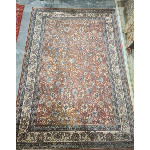 1047 - Modern peach ground rug, allover foliate decoration, cream ground border, 292cm x 200cm