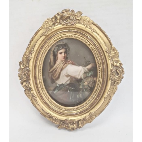 112 - Late 19th century Berlin KPM porcelain plaque, oval and painted with half-length figure of a young w... 