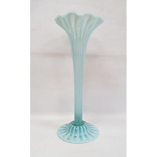 126 - Large Victorian vaseline glass trumpet vase, having wavy everted rim, reeded column, on circular bas... 