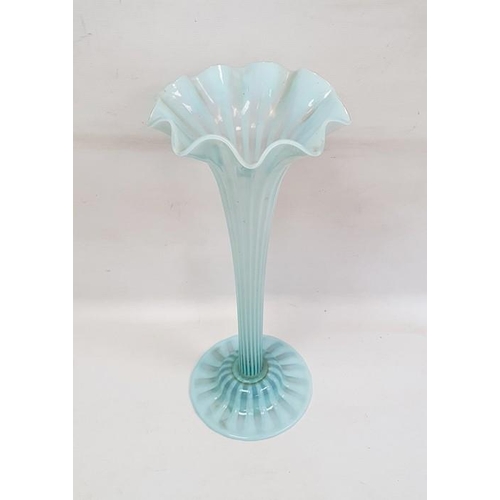 126 - Large Victorian vaseline glass trumpet vase, having wavy everted rim, reeded column, on circular bas... 