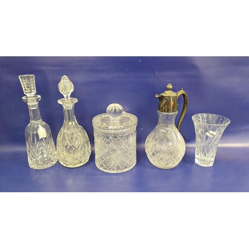 132 - EPNS mounted cut glass claret jug, a cut glass biscuit barrel, two decanters, small quantity of cran... 