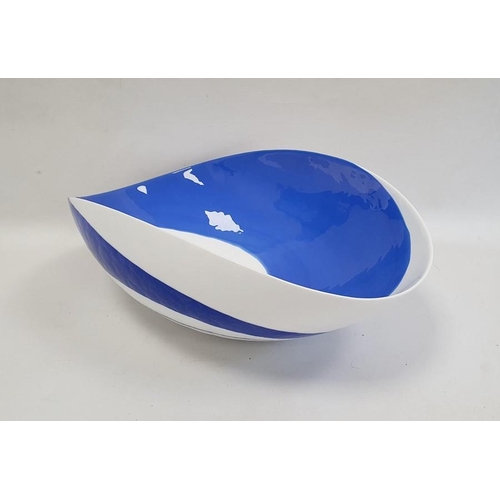 133 - White and blue contemporary glass fruit bowl, oval, 39cm wide