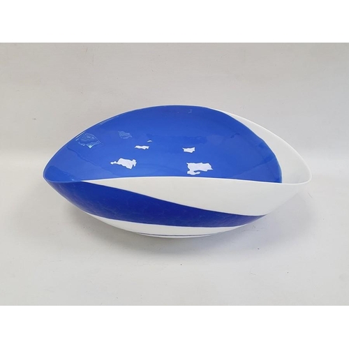 133 - White and blue contemporary glass fruit bowl, oval, 39cm wide