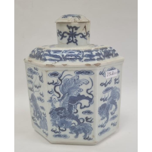 142 - 19th century Chinese hexagonal porcelain canister, underglaze blue dragon decoration and the circula... 