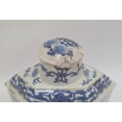 142 - 19th century Chinese hexagonal porcelain canister, underglaze blue dragon decoration and the circula... 