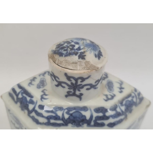 142 - 19th century Chinese hexagonal porcelain canister, underglaze blue dragon decoration and the circula... 