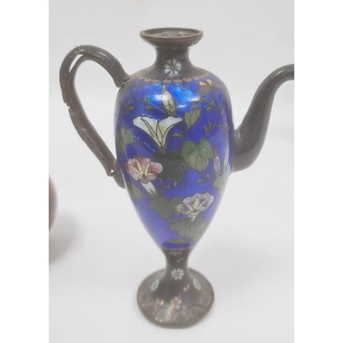 143 - Group of five Chinese cloisonne vessels, 19th century, including a vase teapot in blue, 16cm high, a... 