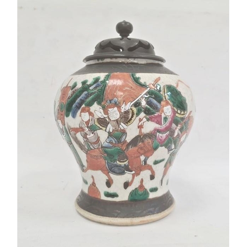 157 - Japanese pottery vase, inverse-baluster shaped, painted in enamels with Samurai warriors and other f... 