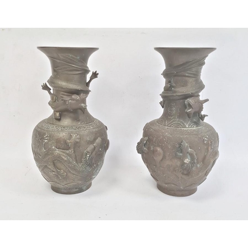 158 - Pair Chinese bronze vases, baluster-shaped and each embossed with pair dragons and flaming pearl and... 