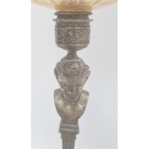 164 - Brass and glass oil lamp having cut well, glass panelled shade, on brass mask and tapering column, i... 