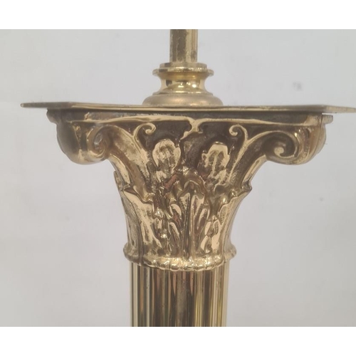 185 - Pair brass Corinthian column table lamps, each on square base, each 63cm high to the top of the colu... 