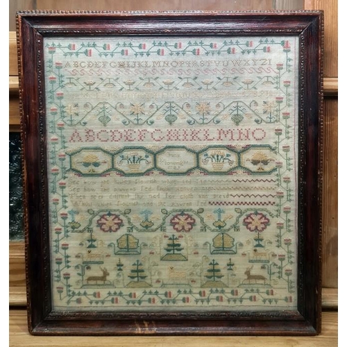 212 - Early 19th century sampler with alphabet, verse, animals and stylised floral border, 30cm x 27cm app... 