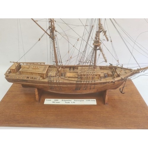 275A - Wooden model ship 'Leon 1880 Brigantine Norwegian 110ft long, 302 tonne Scale 1:91', on wooden plint... 