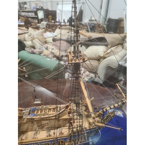 275 - Painted wooden model of The Royal Yacht Caroline 1749, in glazed and stained wood table-top cabinet,... 