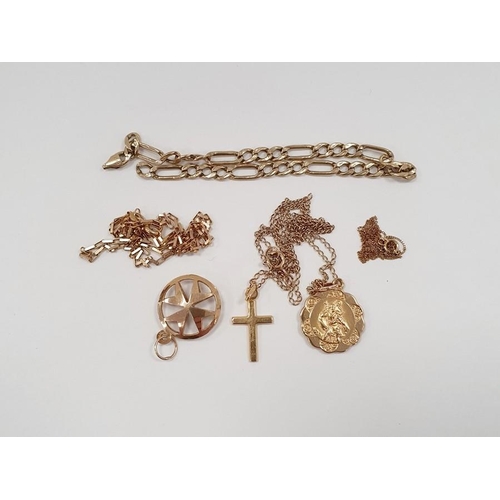 305 - 9ct gold box link chain, an Italian gold curb link bracelet marked 9ct, a 9ct gold Maltese cross pen... 